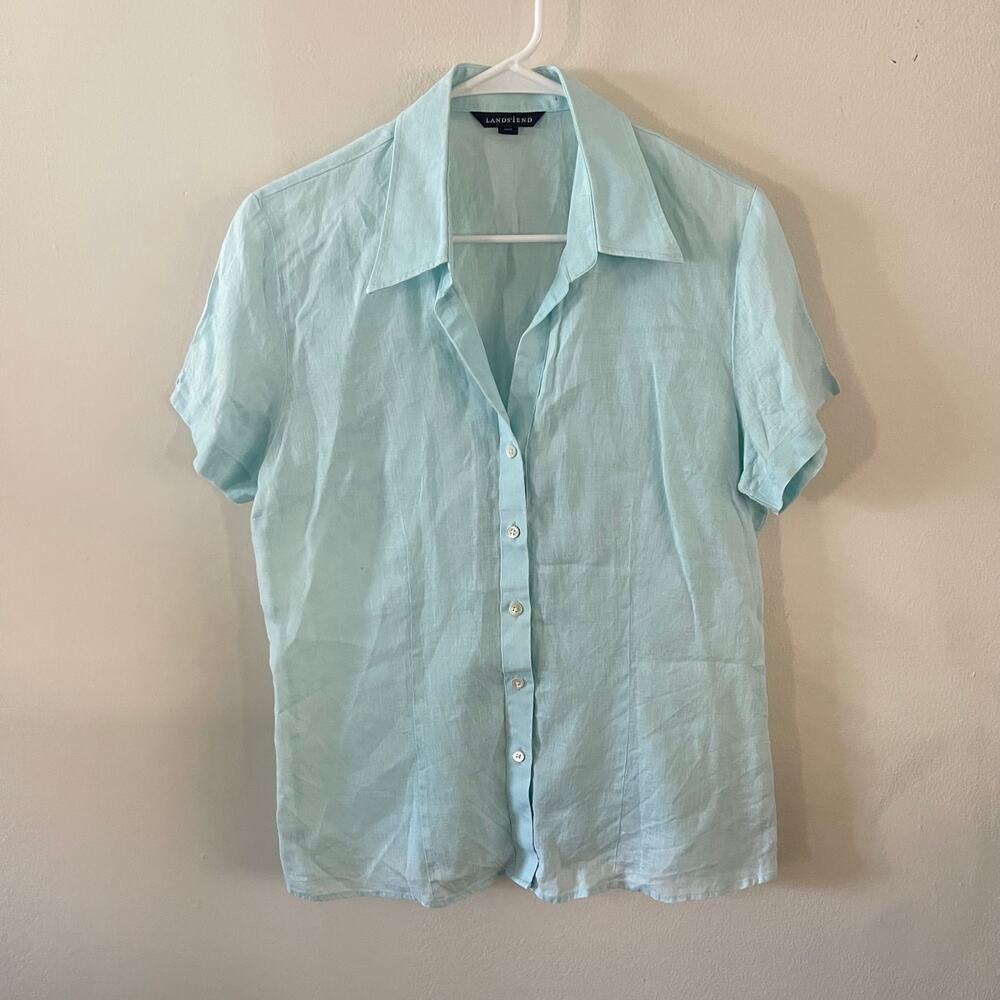 Lands End Linen Short Sleeve Top Womens 12 Blue Classic Minimalist Basic Shirt